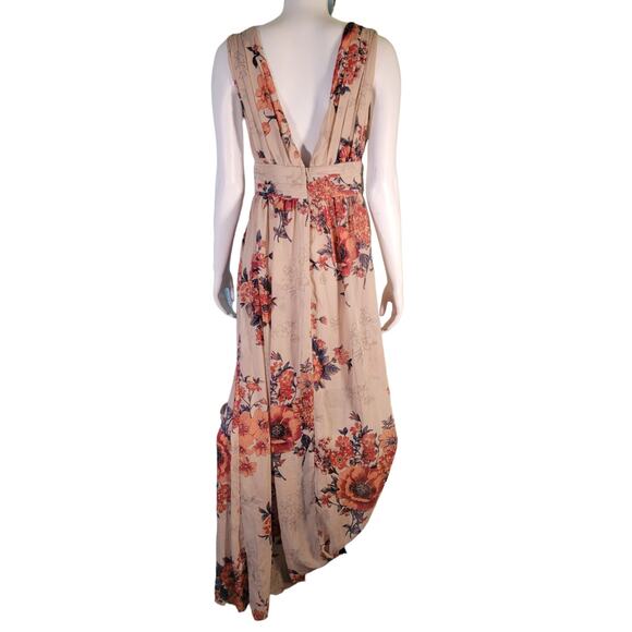 FILLY FLAIR Soieblue blush floral low-cut v-neck  flowy sheer long maxi dress l - Picture 3 of 9